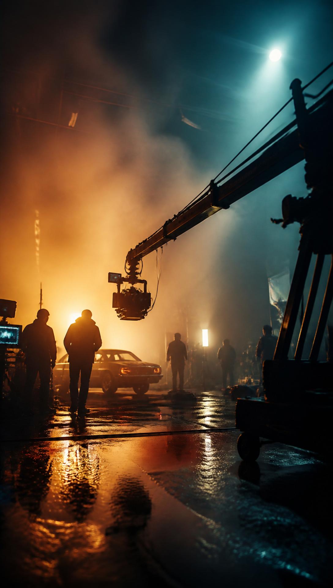 Professioneller Filmset mit Kamera-Kran und dramatischer Beleuchtung